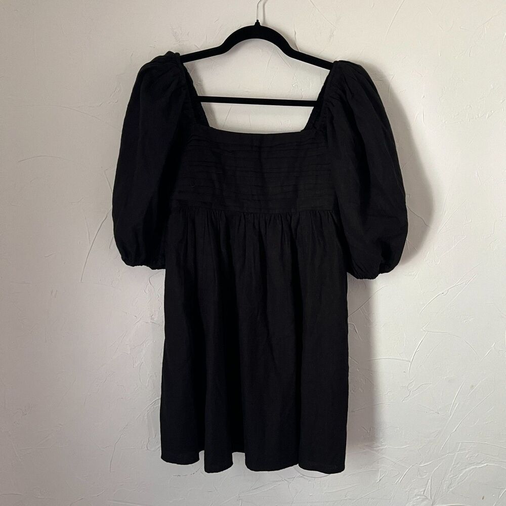 Abercrombie & Fitch Black Emerson Babydoll Mini Dress Linen Blend Puff Sleeve S